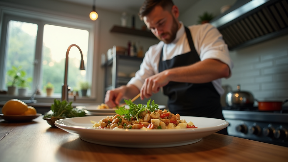 Eye-level view of a chef preparing a custom menu dish in a home kitchen