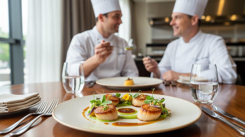 Eye-level view of a beautifully plated gourmet dish on a dining table