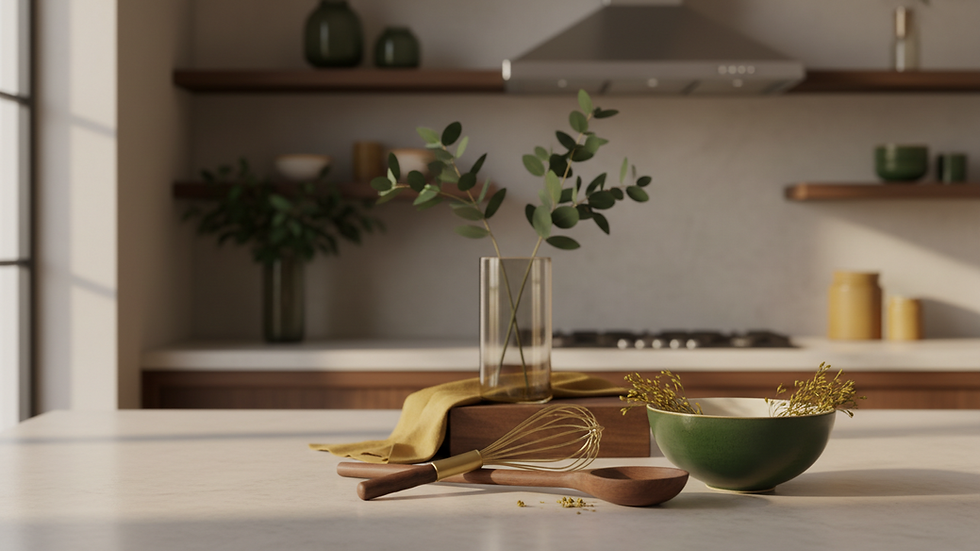 Close-up view of a modern kitchen with clean countertops and cooking utensils