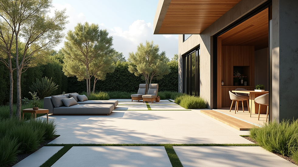 Wide angle view of a modern outdoor patio with integrated landscaping