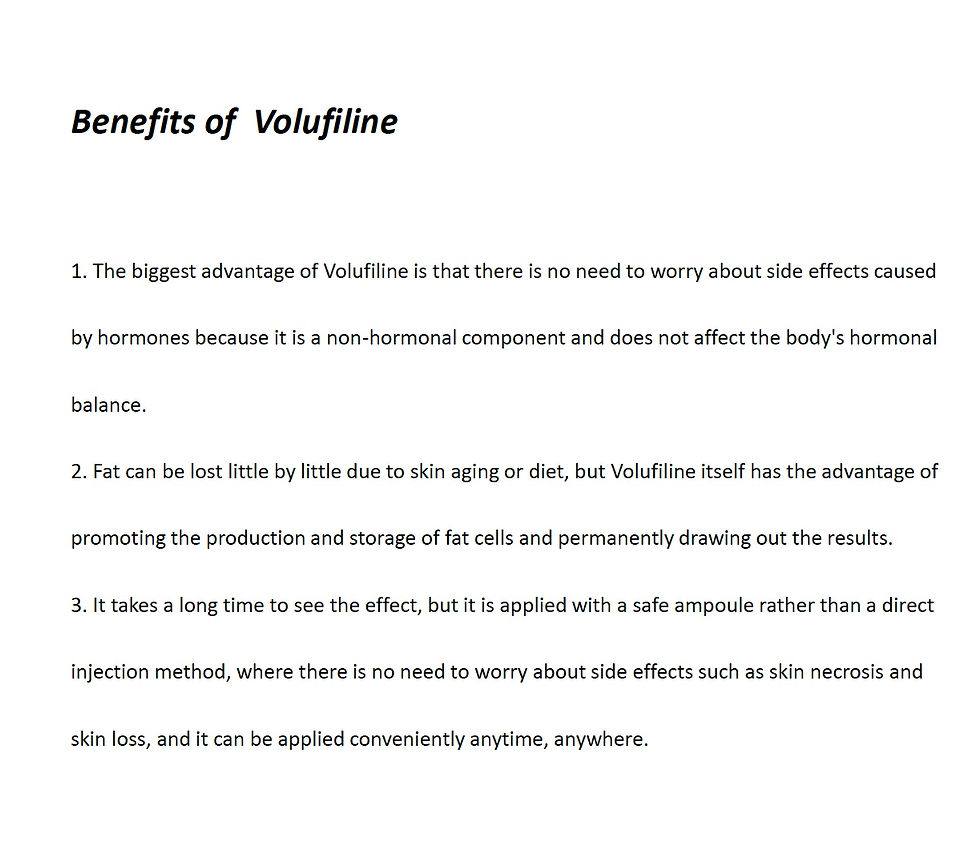 Thumbnail: Text "Benefits of Volufiline" describes advantages, including no side effects, fat storage.