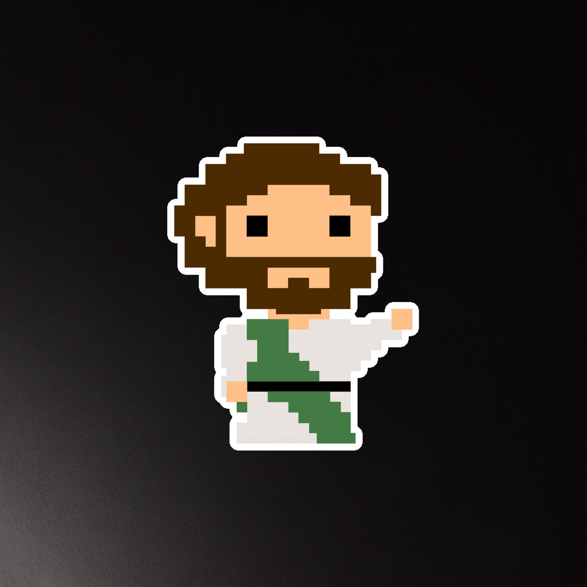 8-Bit Jesus Magnet with a Green Sash on a black metal surface