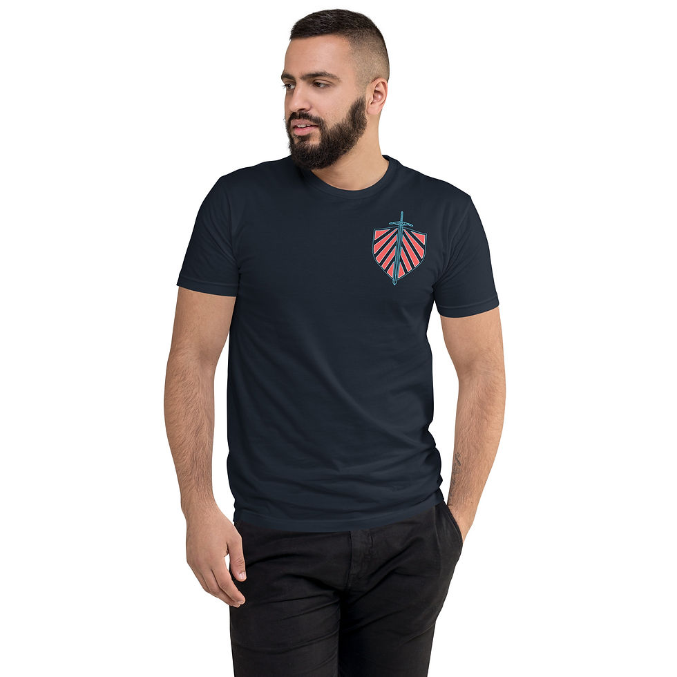 Navy t-shirt with a red and blue sword and shield crest, shown on a male model.