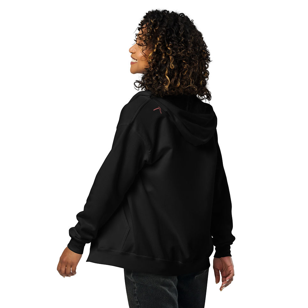 Thumbnail: Black Hoodie with "Evigilo Entertainment Peacemaker" logo in blue and red on the back on a female model.