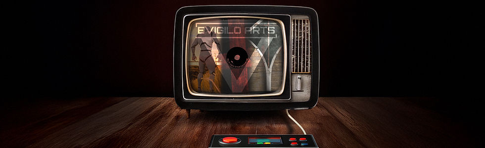 Evigilo Arts Creative Image of a TV set with a retro looking game. The TV displays 3 important categories of the Evigilo Arts