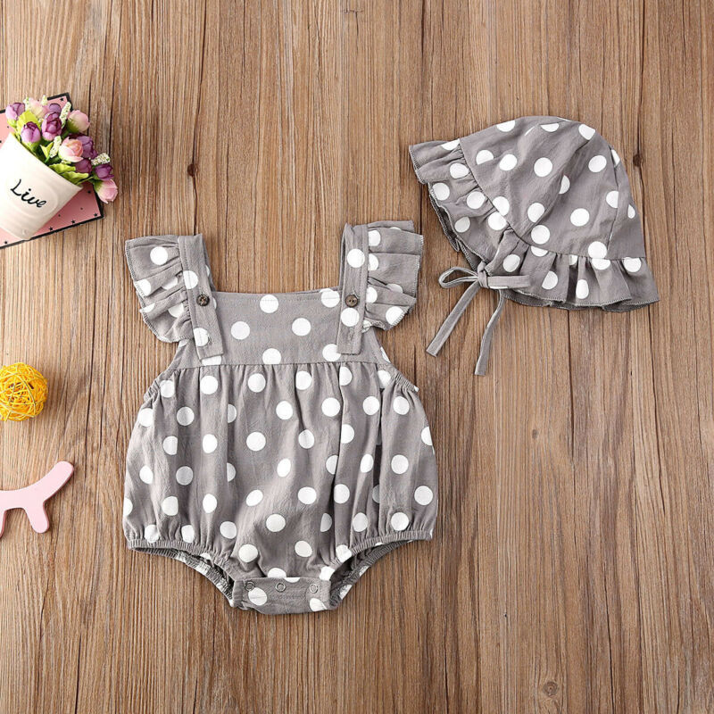 Thumbnail: Baby Girl Hat & Bodysuit Dots Print Sunsuit