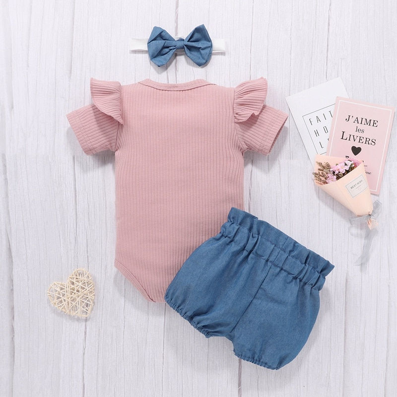 Thumbnail: Baby Girl Short Sleeve Flare Romper+Floral Print Dress +Bow Headband Clothes Set