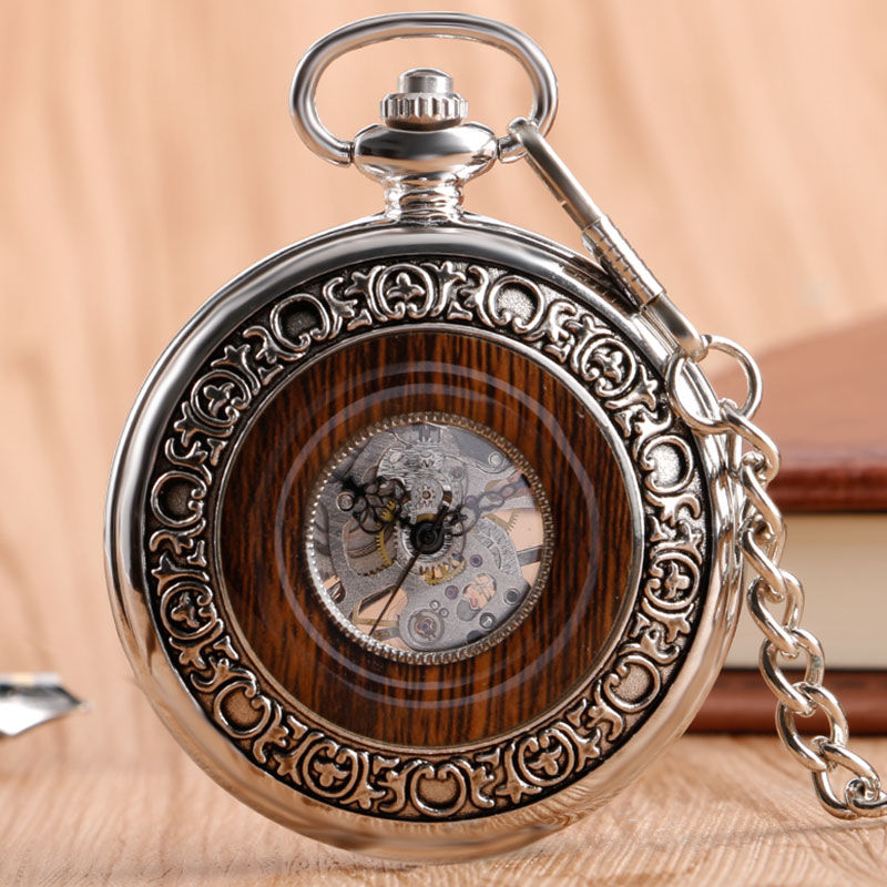 Thumbnail: Vintage Wood Mechanical Pocket Watch Roman Numerals 