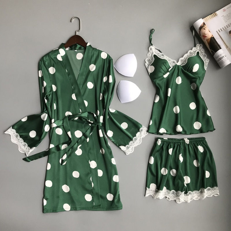 Thumbnail: 3 PCS Polka Dot Lace Women's Pajamas Set