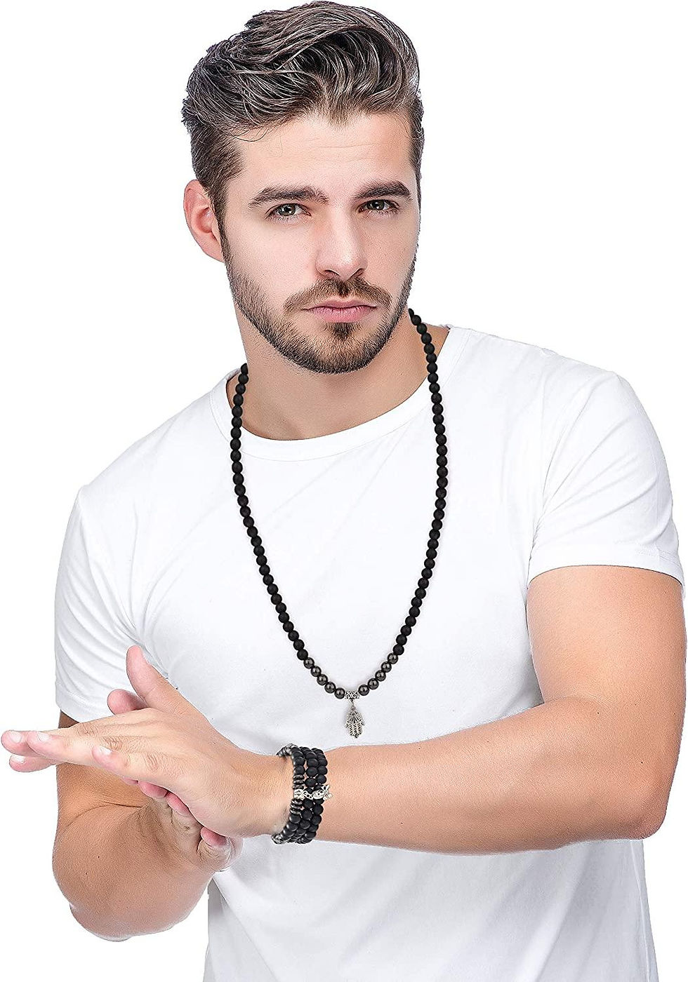 Thumbnail: 6Pcs 8mm Multilayer Beads Wrap Bracelet Beads Pendant Necklaces for Mens Women  