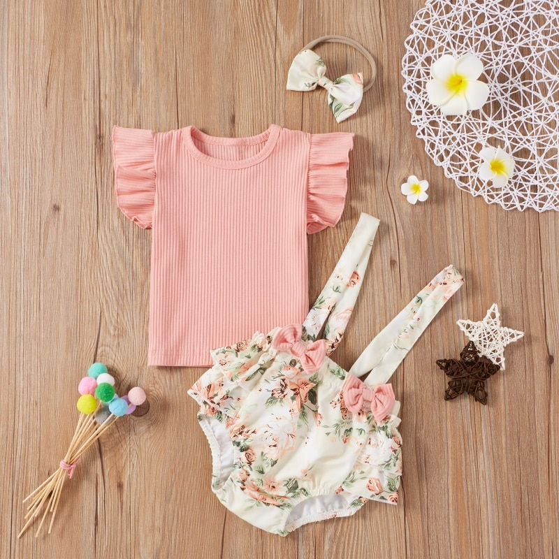 Thumbnail: Baby Girl Short Sleeve Flare Romper+Floral Print Dress +Bow Headband Clothes Set