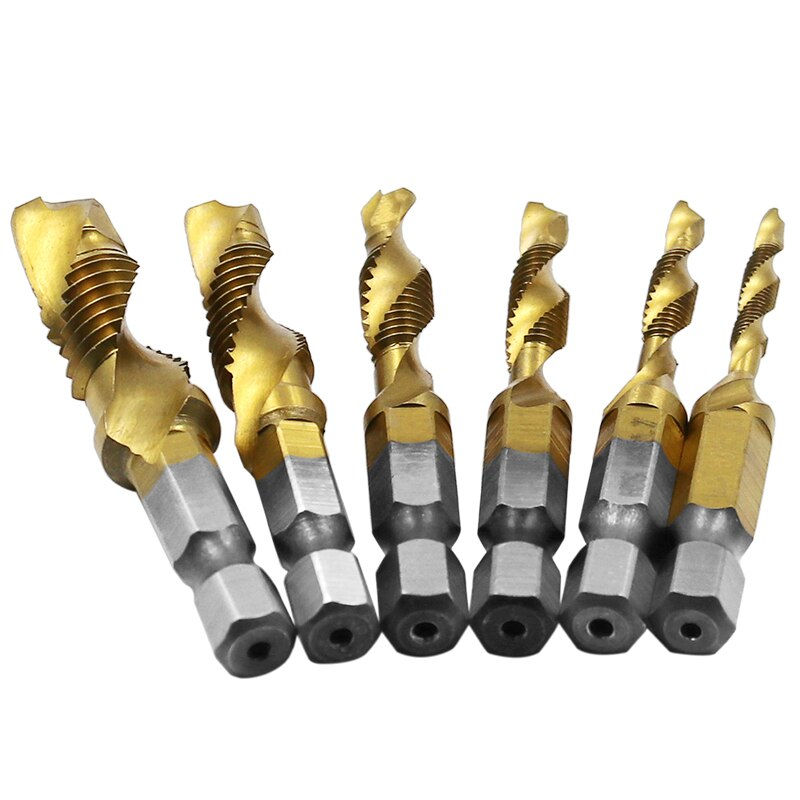 Thumbnail: 6Pcs M3-M10 Hex Shank Titanium Plated HSS Screw Thread Metric Tap Drill Bits