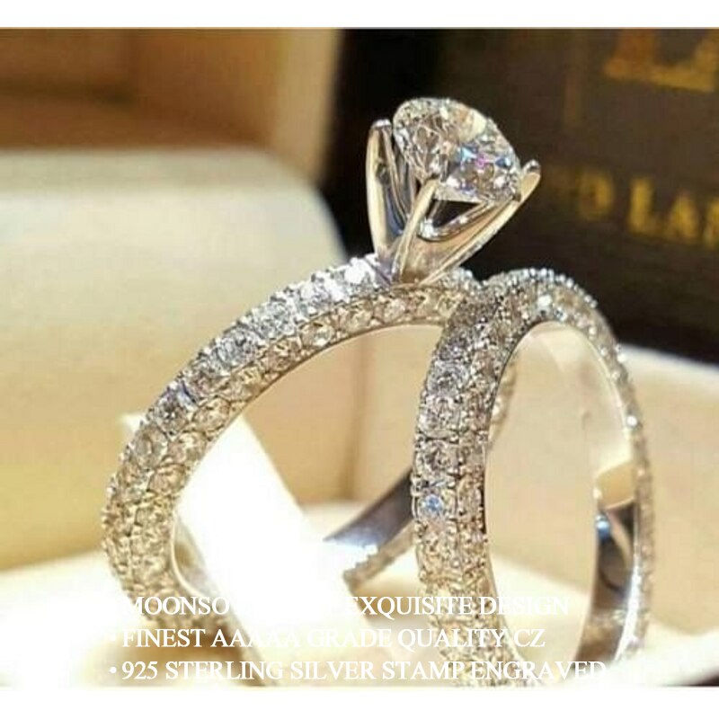 Thumbnail: 2023 New Luxury Halo Silver Color Bride Wedding Ring Set
