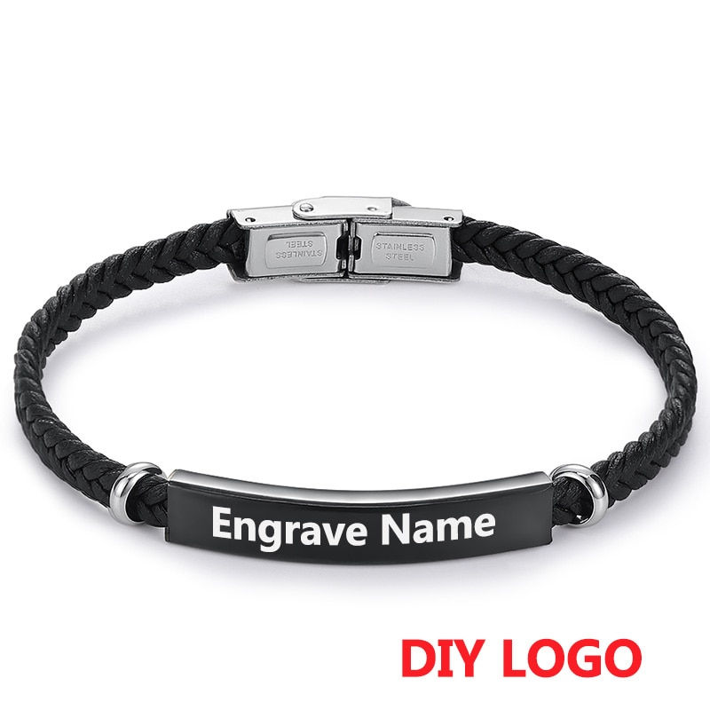 Thumbnail: AZIZ BEKKAOUI Engravable Black Leather Bracelet 