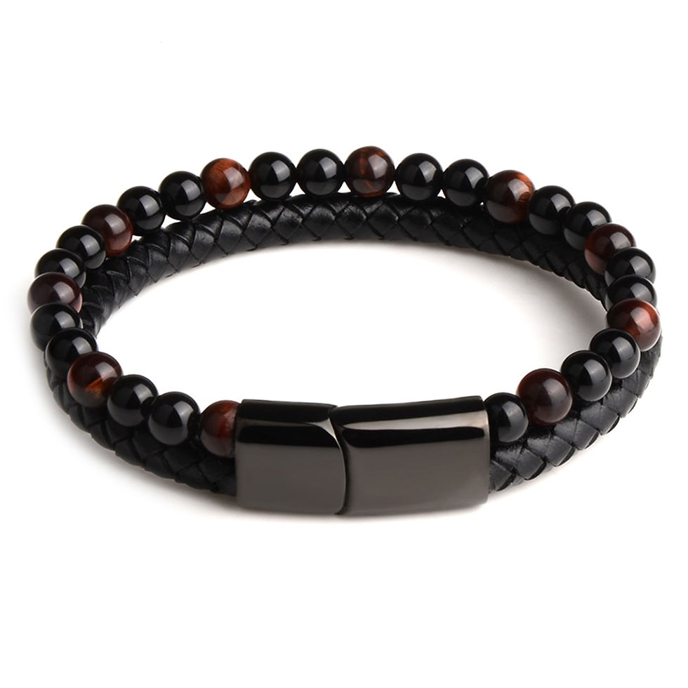 Thumbnail: Natural Stone, Genuine Leather Braided, Black Stainless Steel Magnetic Clasp