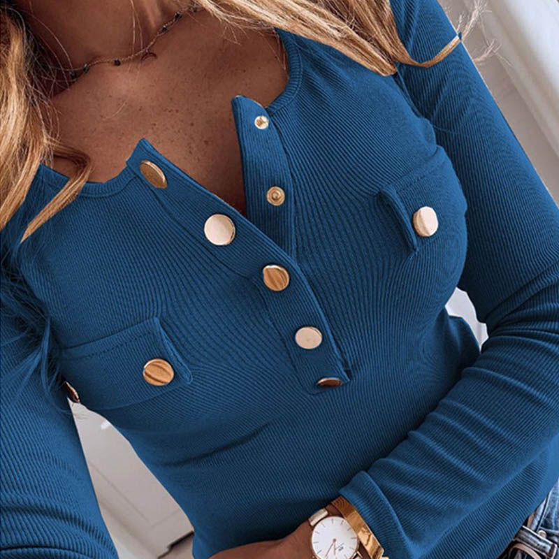 Thumbnail: Elegant Button V-Neck Slim Pullovers top