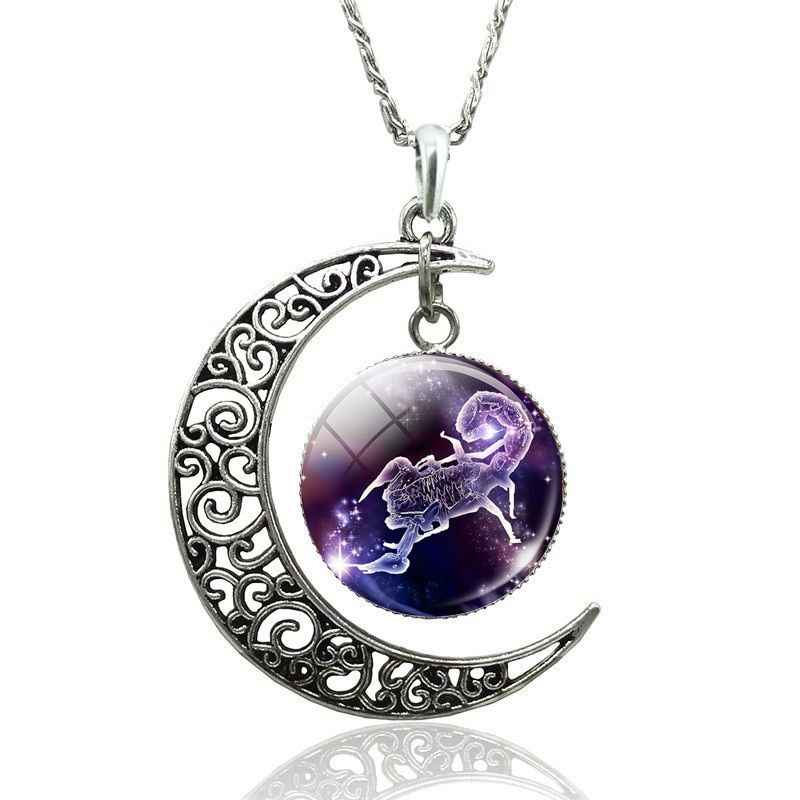 Thumbnail: 12 Constellation Necklace Zodiac Signs Cabochon Glass Crescent Moon Pendant