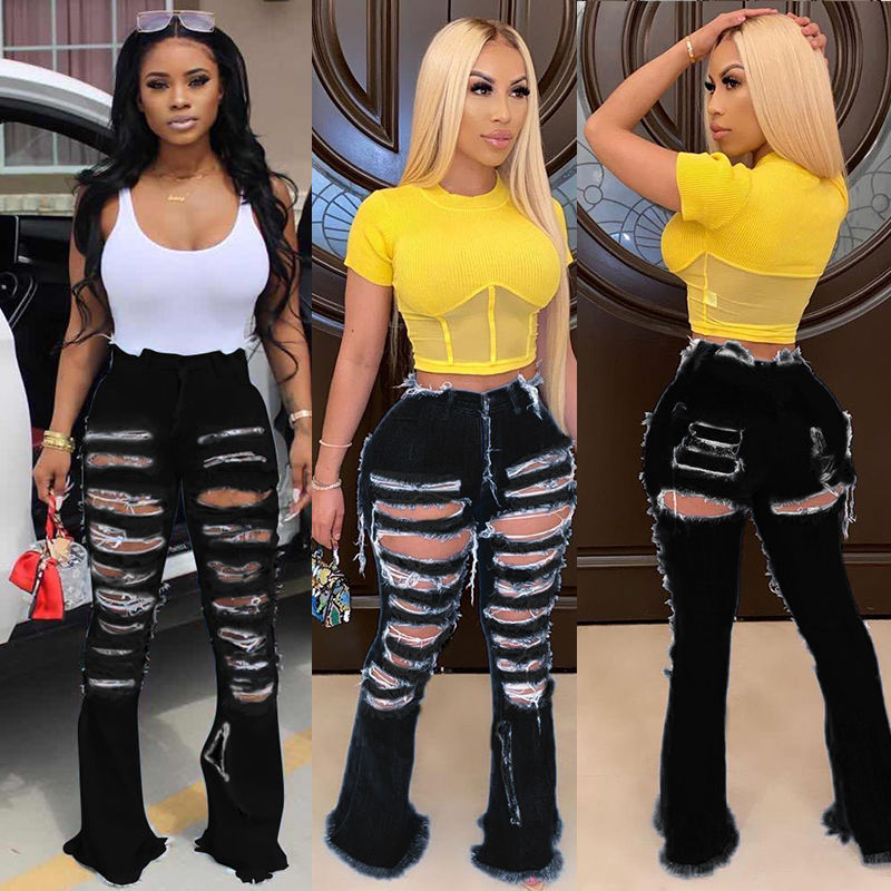 Thumbnail: Wide Leg Ripped Bell Bottom Denim Jeans