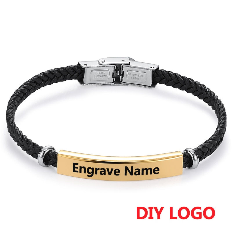 Thumbnail: AZIZ BEKKAOUI Engravable Black Leather Bracelet 