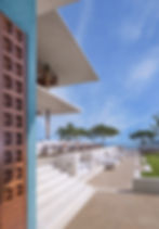 Modern outdoor terrace with lounge seating and ocean view.