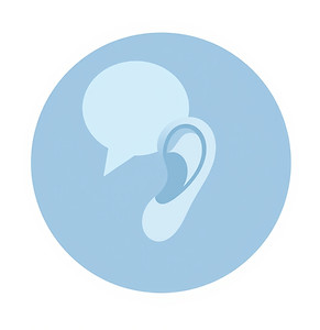 A clean, modern icon-style image showing an ear and a speech bubble, symbolizing listening
