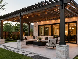 Custom pergola installed over a modern backyard patio in Texas
