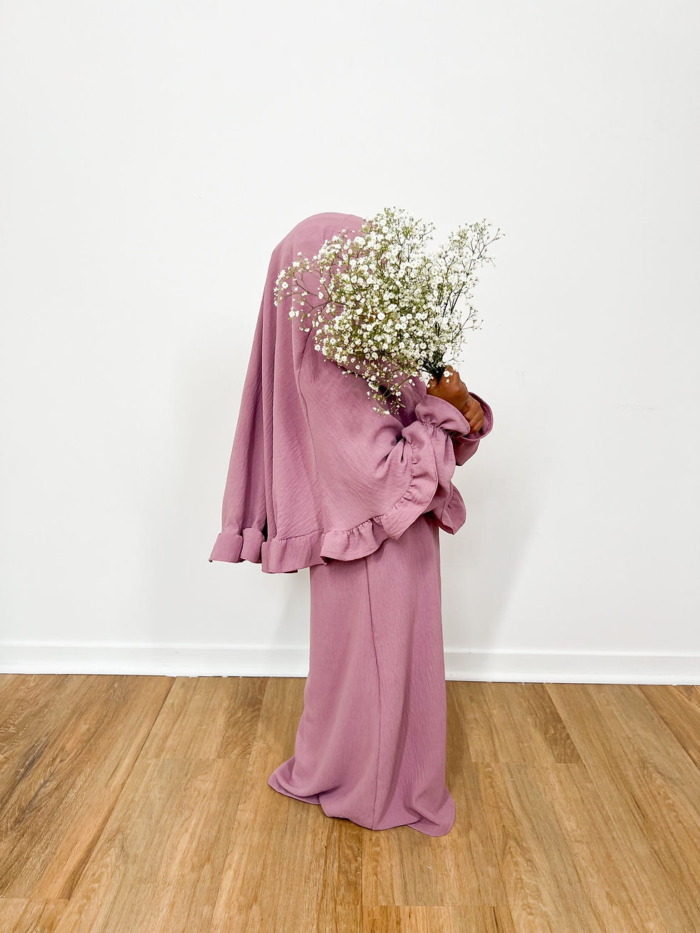 Set Nihal tenue de pirère khimar volants abaya poches latérales, tenue mère-fille camel rose Ramadan Eid