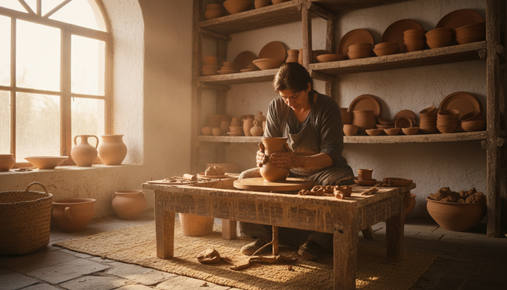 Close-up view of a ceramic artisan shaping clay by hand in a sunlit workshop.