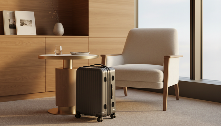 Eye-level view of a quiet airport lounge corner with a low table, armchair, and carry-on suitcase