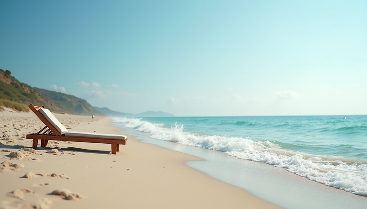 Eye-level view of a peaceful beach with calm waves and empty lounge chairs