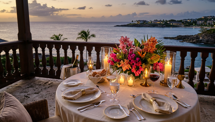 Eye-level view of a private terrace set for a romantic dinner at a resort.