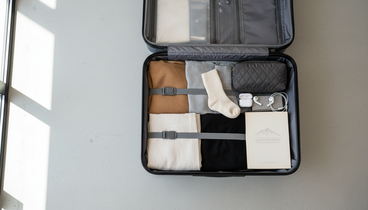 Overhead view of a neatly packed carry-on with neutral clothing and a small in-flight pouch
