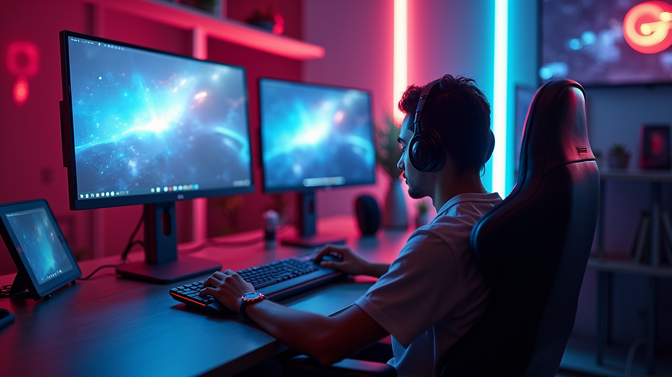 Eye-level view of a futuristic gaming setup with neon lights