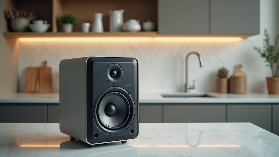 Eye-level view of a smart speaker on a kitchen counter