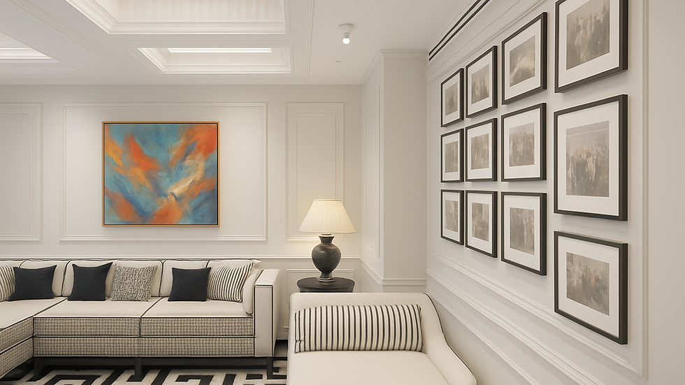 A modern living room with neutral-toned sofas, a gallery wall of framed artwork, a colorful abstract painting, a table lamp, and a geometric-patterned rug.