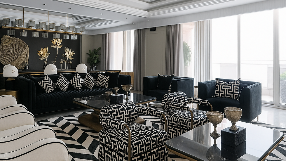 A modern living room with black and white geometric furniture, gold decorative accents, glass tables, and large windows allowing natural light to fill the space.