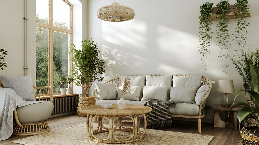 A bright living room with large windows, rattan furniture, soft neutral cushions, and various indoor plants creating a fresh, natural atmosphere.