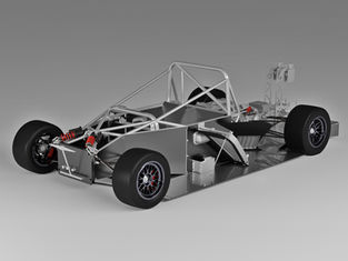Rendered image of an open lightweight race car chassis with visible tubular frame, suspension, shock absorbers, and wide slick tires – showcasing the structural complexity and material engineering design of a high-performance vehicle.
