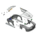 CAD exploded view of the technical structure of a vehicle conversion with carbon exterior