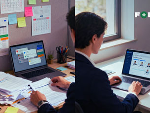 Two images show office settings. Left: cluttered desk with papers, sticky notes, and a laptop. Right: person in suit uses laptop, logo visible.