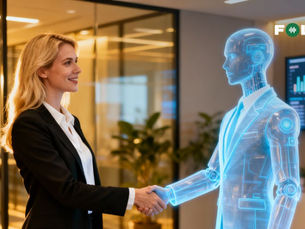Woman in a suit shakes hands with a holographic humanoid in an office. Charts on screens, plants, and "FOLEY" logo visible. Futuristic mood.