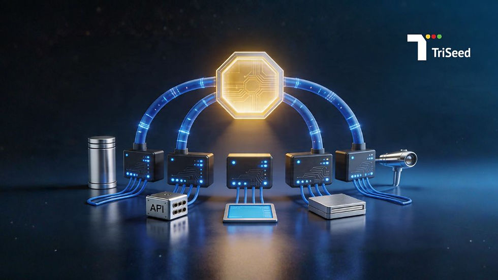 Futuristic tech setup: glowing circuit symbol connected by blue cables to devices, API cube, tablet. TriSeed logo on dark backdrop.