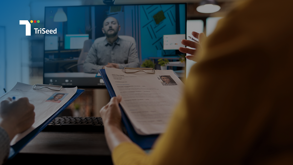 TriSeed-branded graphic showing two interviewers cross-checking printed resumes with candidate photos on clipboards while a job applicant appears on a video call screen in the background, illustrating remote hiring identity verification.
