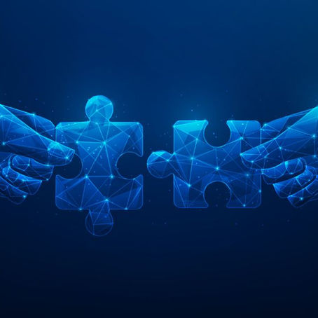 Two digital hands hold connecting puzzle pieces on a blue background. Geometric patterns and the text "TriSeed" are visible.