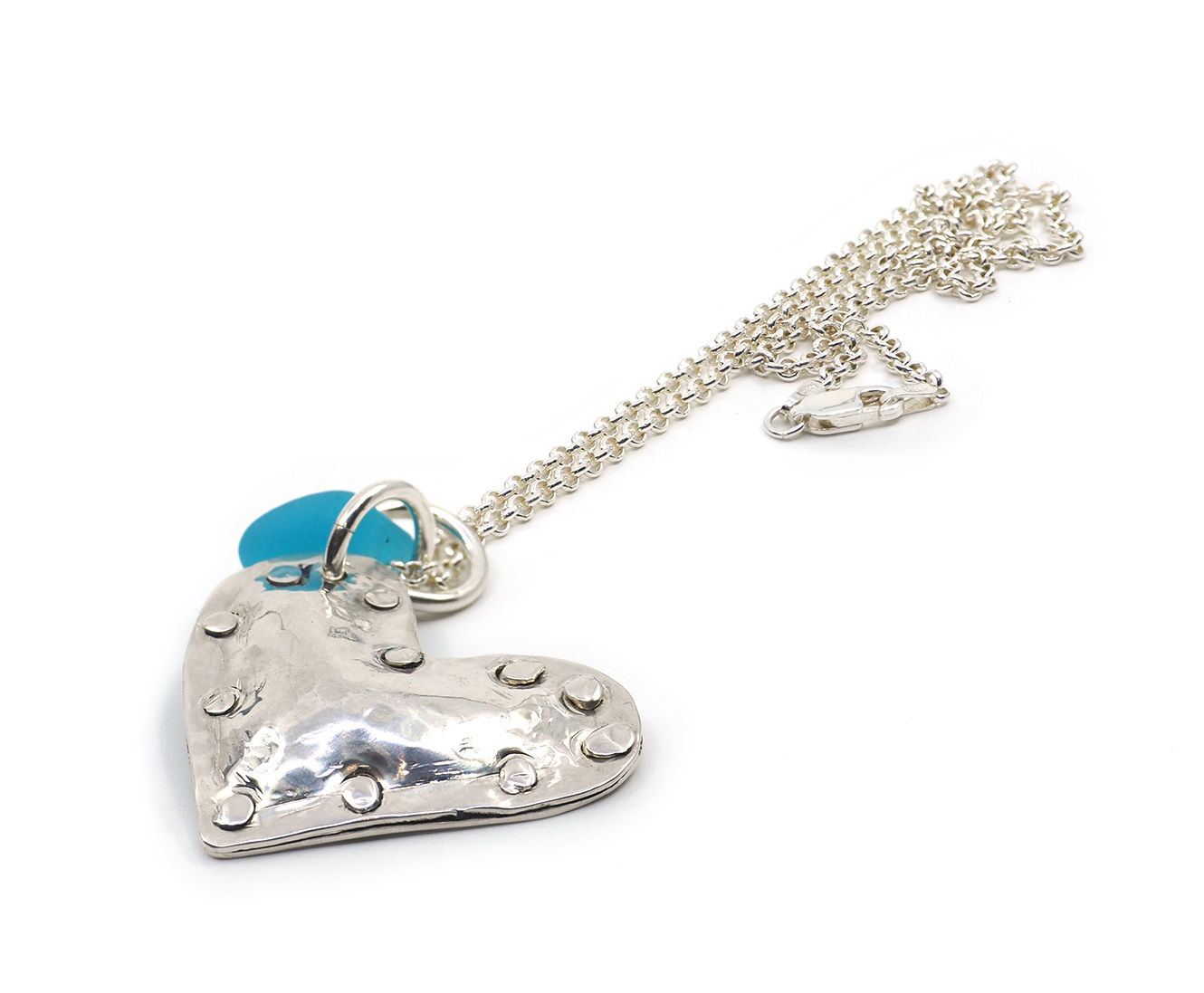 Bright Aqua Sea Glass and Small Puffy Heart Necklace