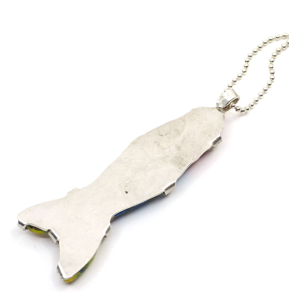 Thumbnail: Red, Gold, Blue and Gold Fish - Reclaimed Lobster Trap Wood Necklace