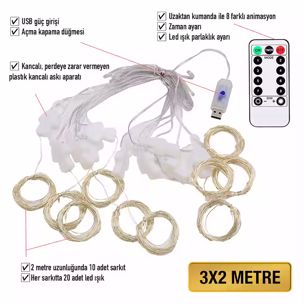 Küçük resim: Upway 3x2m Animasyonlu Dekoratif Perde LED – 200 LED Kumandalı Su Geçirmez Işık