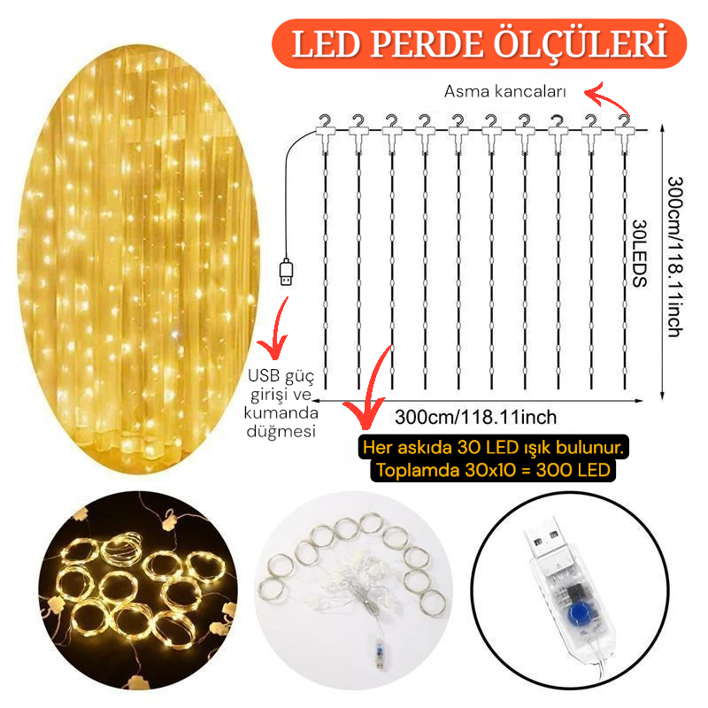 Küçük resim: Upway 3x3 Metre Kumandalı 8 Modlu Askılı USB 300 Led Işıklı Perde