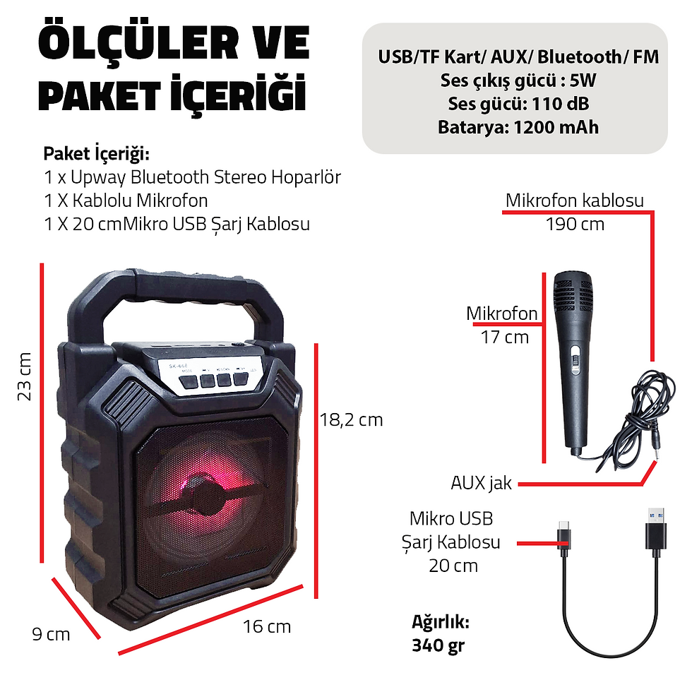 Küçük resim: Upway Şarjlı Mikrofonlu Led Işıklı Bluetooth Hoparlör - USB-AUX-TF Kart-FM Radyo