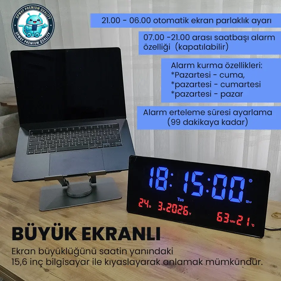 Küçük resim: Upway 15×36 cm Büyük HD LED Dijital Duvar Saati – Alarm Tarih Sıcaklık Nem
